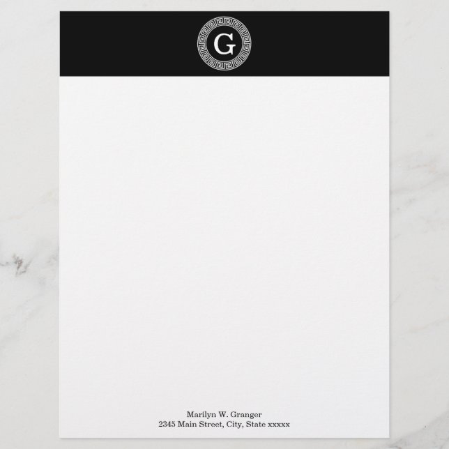 Black Wht Greek Key Rnd Frame Initial Monogram Letterhead (Front)