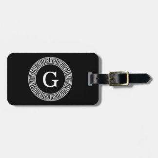 Black Wht Greek Key Rnd Frame Initial Monogram Luggage Tag
