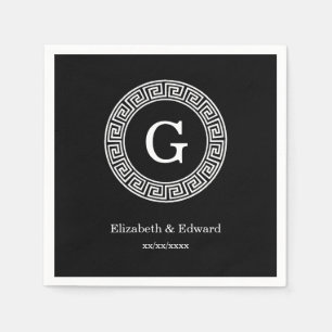 Black Wht Greek Key Rnd Frame Initial Monogram Napkin