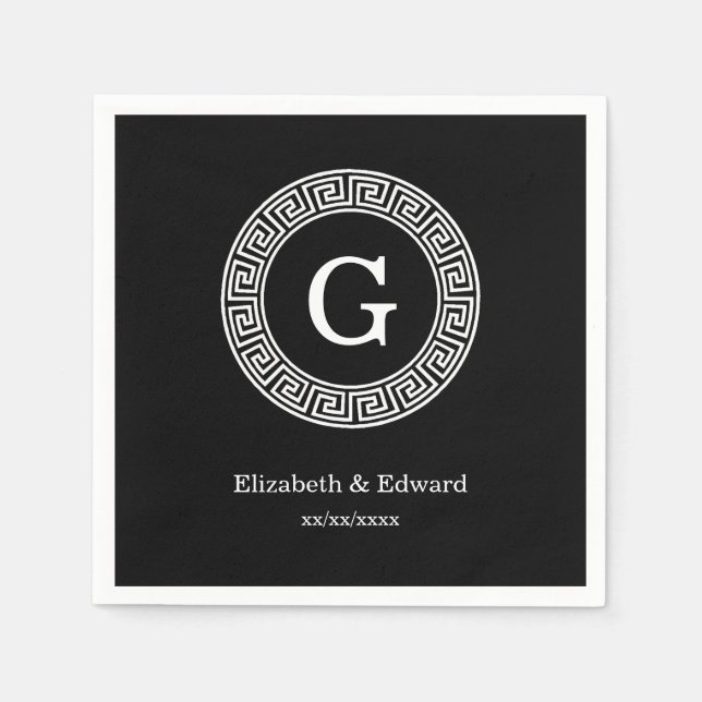 Black Wht Greek Key Rnd Frame Initial Monogram Napkin (Front)