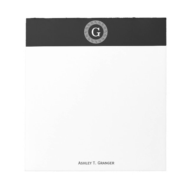 Black Wht Greek Key Rnd Frame Initial Monogram Notepad (Front)