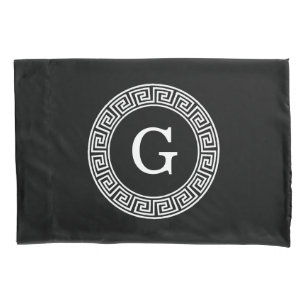 Black Wht Greek Key Rnd Frame Initial Monogram Pillowcase