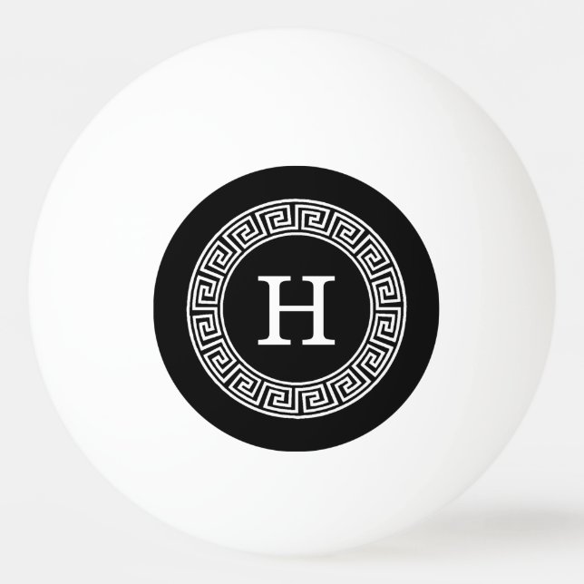 Black Wht Greek Key Rnd Frame Initial Monogram Ping Pong Ball (Front)