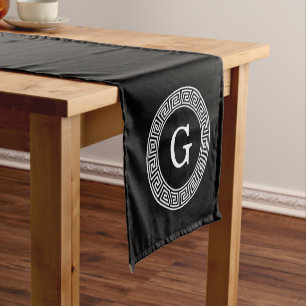 Black Wht Greek Key Rnd Frame Initial Monogram Short Table Runner
