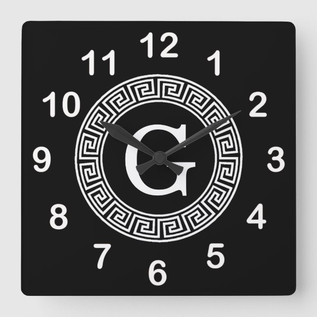 Black Wht Greek Key Rnd Frame Initial Monogram Square Wall Clock (Front)