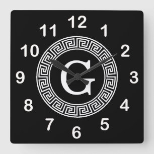 Black Wht Greek Key Rnd Frame Initial Monogram Square Wall Clock