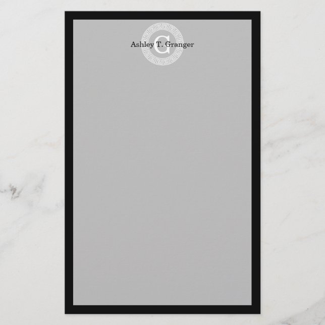 Black Wht Greek Key Rnd Frame Initial Monogram Stationery (Front)