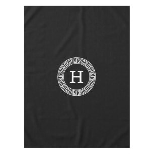Black Wht Greek Key Rnd Frame Initial Monogram Tablecloth
