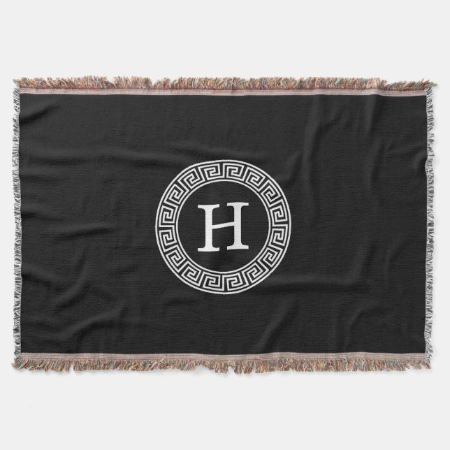 Black Wht Greek Key Rnd Frame Initial Monogram Throw Blanket (Front)