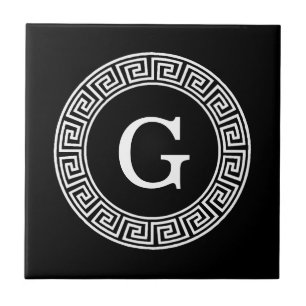 Black Wht Greek Key Rnd Frame Initial Monogram Tile