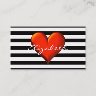 Black Wht Horiz Stripe Red Metallic Heart Monogram Business Card