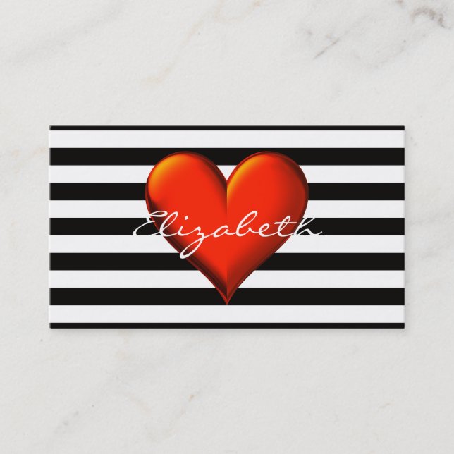 Black Wht Horiz Stripe Red Metallic Heart Monogram Business Card (Front)