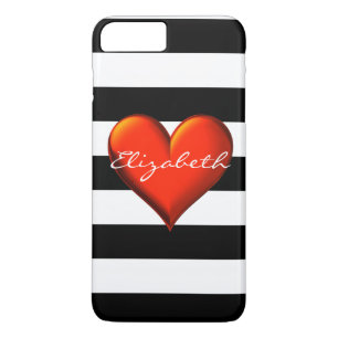 Black Wht Horiz Stripe Red Metallic Heart Monogram iPhone 8 Plus/7 Plus Case