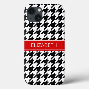 Black Wht Houndstooth #2 Red Name Monogram iPhone 13 Case