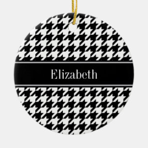 Black Wht Houndstooth Black Name Monogram Ceramic Ornament