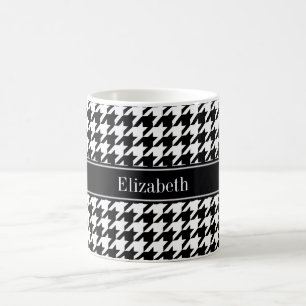 Black Wht Houndstooth Black Name Monogram Coffee Mug