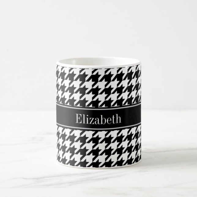 Black Wht Houndstooth Black Name Monogram Coffee Mug (Center)
