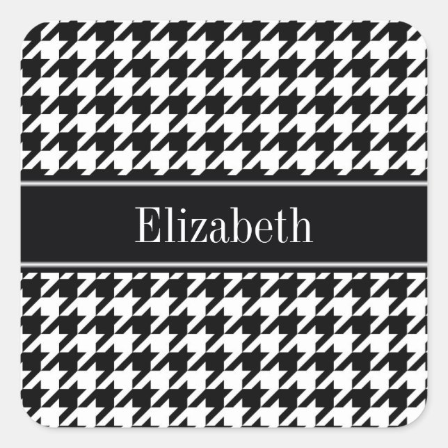 Black Wht Houndstooth Black Name Monogram Square Sticker (Front)