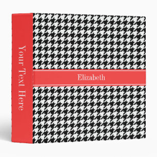 Black Wht Houndstooth Coral Red Name Monogram Binder