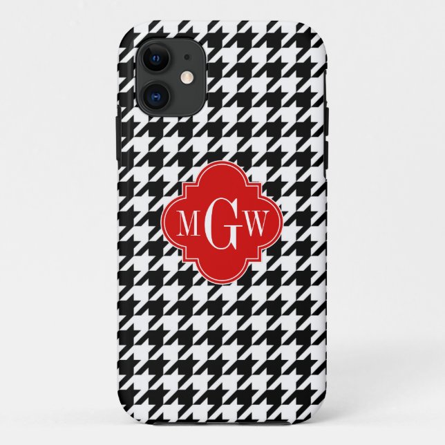Black Wht Houndstooth Red Quatrefoil 3 Monogram Case-Mate iPhone Case (Back)