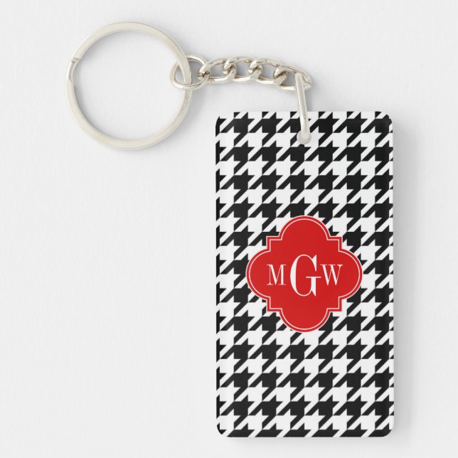 Black Wht Houndstooth Red Quatrefoil 3 Monogram Keychain (Front)