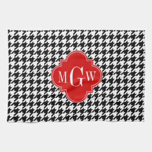 Black Wht Houndstooth Red Quatrefoil 3 Monogram Kitchen Towel