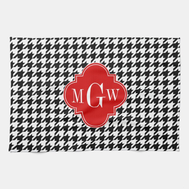 Black Wht Houndstooth Red Quatrefoil 3 Monogram Kitchen Towel (Horizontal)