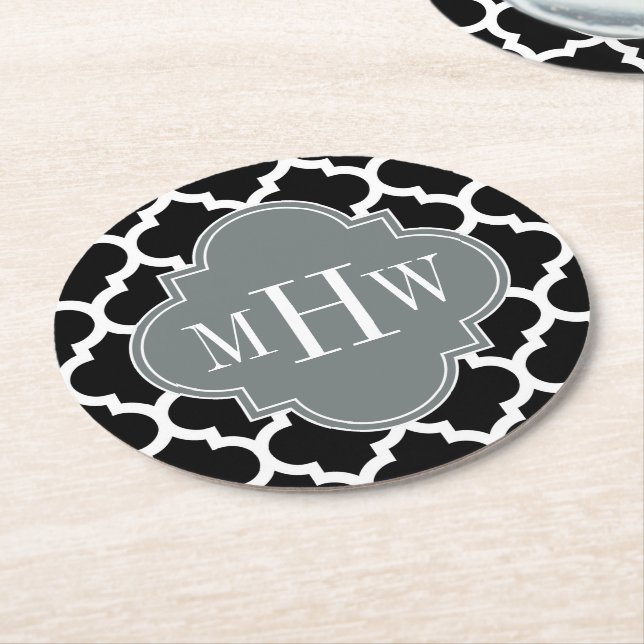 Black Wht Moroccan #5 Charcoal 3 Initial Monogram Round Paper Coaster (Angled)