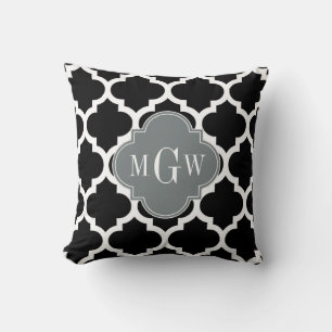 Black Wht Moroccan #5 Charcoal 3 Initial Monogram Throw Pillow