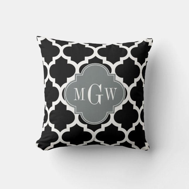 Black Wht Moroccan #5 Charcoal 3 Initial Monogram Throw Pillow (Front)