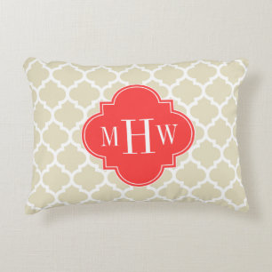 Black Wht Moroccan #5 Coral Red 3 Initial Monogram Accent Pillow