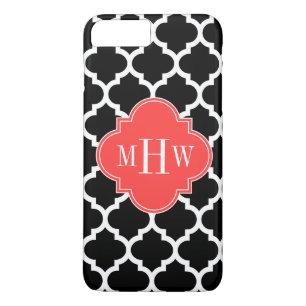 Black Wht Moroccan #5 Coral Red 3 Initial Monogram Case-Mate iPhone Case