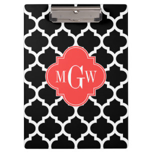 Black Wht Moroccan #5 Coral Red 3 Initial Monogram Clipboard