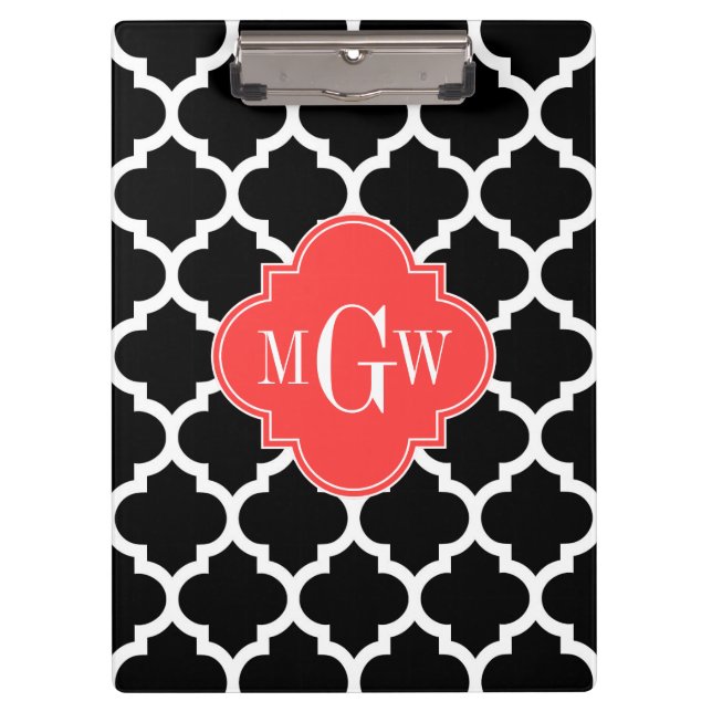 Black Wht Moroccan #5 Coral Red 3 Initial Monogram Clipboard (Front)