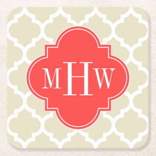 Black Wht Moroccan #5 Coral Red 3 Initial Monogram Square Paper Coaster