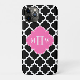 Black Wht Moroccan #5 Hot Pink #2 Name Monogram iPhone 11 Pro Case