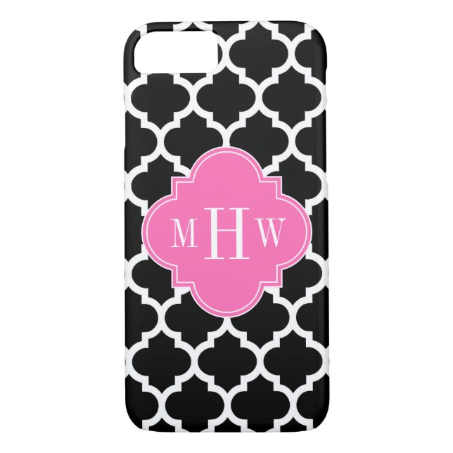 Black Wht Moroccan #5 Hot Pink #2 Name Monogram Case-Mate iPhone Case (Back)