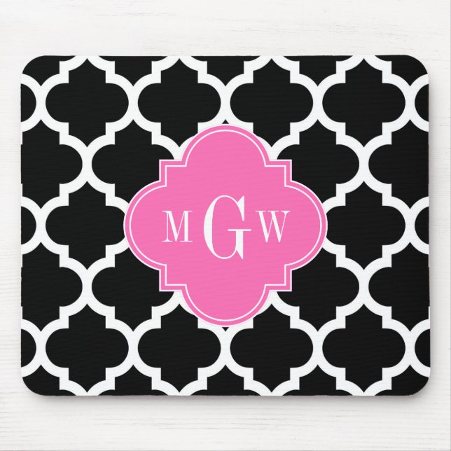 Black Wht Moroccan #5 Hot Pink #2 Name Monogram Mouse Pad (Front)