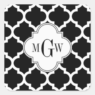 Black Wht Moroccan #5 White 3 Initial Monogram Square Sticker