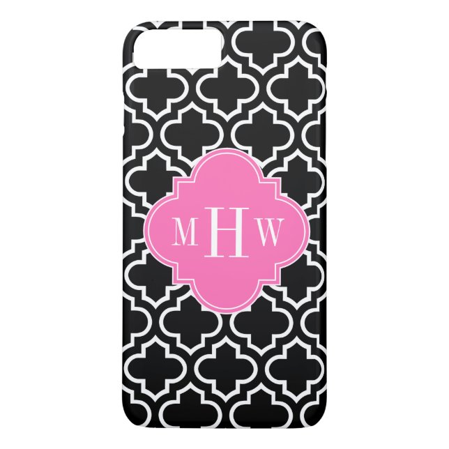 Black Wht Moroccan #6 Hot Pink 3 Initial Monogram Case-Mate iPhone Case (Back)