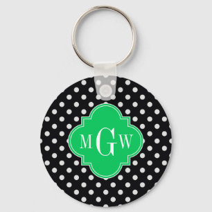 Black Wht Polka Dot Emerald Quatrefoil 3 Monogram Keychain