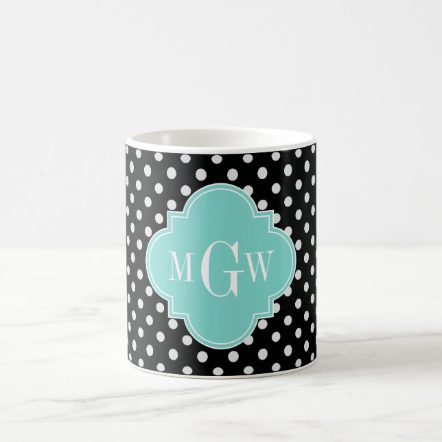 Black Wht Polka Dots Aqua Quatrefoil 3 Monogram Coffee Mug (Center)