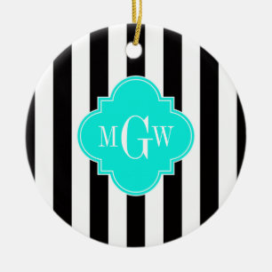 Black Wht Stripe Bright Aqua Quatrefoil 3 Monogram Ceramic Ornament