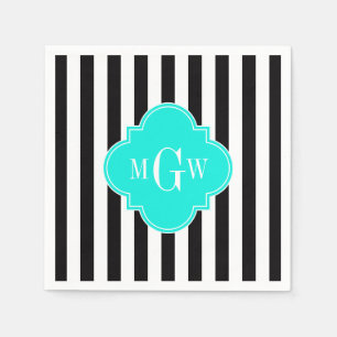 Black Wht Stripe Bright Aqua Quatrefoil 3 Monogram Napkin