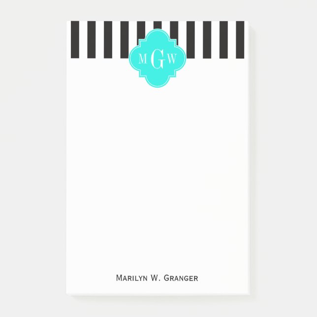 Black Wht Stripe Bright Aqua Quatrefoil 3 Monogram Post-it Notes (Front)