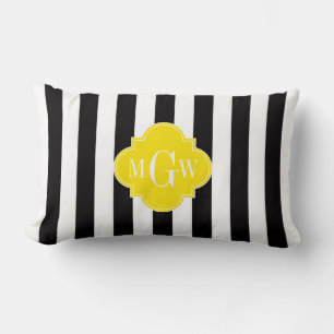 Black Wht Stripe Brt Yellow Quatrefoil 3 Monogram Lumbar Pillow
