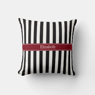 Black Wht Stripe Burgundy Ribbon Name Monogram Throw Pillow