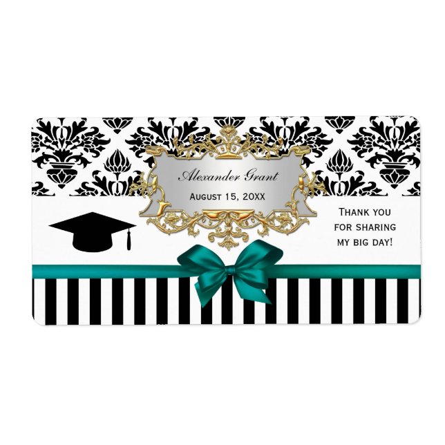 Black Wht Stripe Damask Teal Water Label Grad (Front)