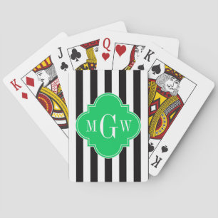 Black Wht Stripe Emerald Square 3 Monogram Playing Cards