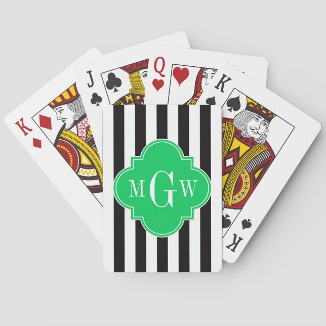 Black Wht Stripe Emerald Square 3 Monogram Playing Cards (Back)